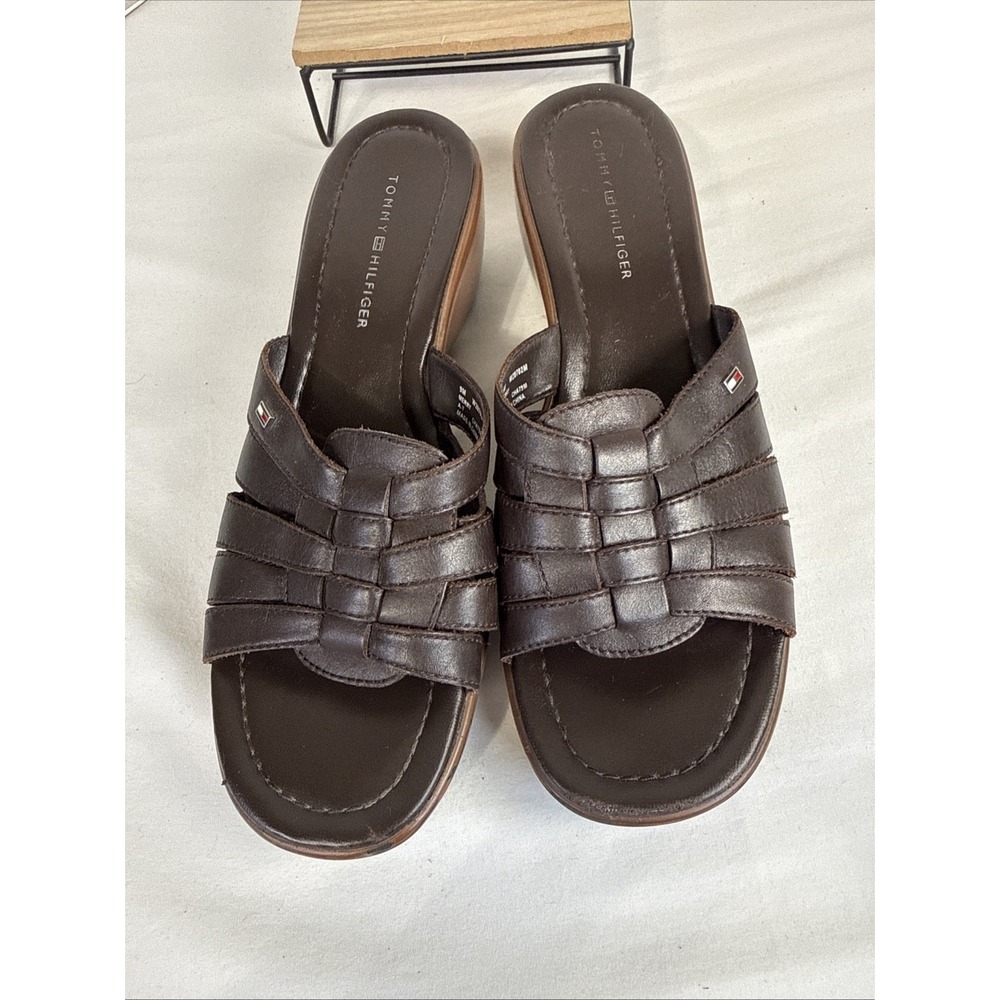 Tommy Hilfiger "Merry" Brown Leather Woven Wedge Sandals - Women's Size 9M - Picture 11 of 11